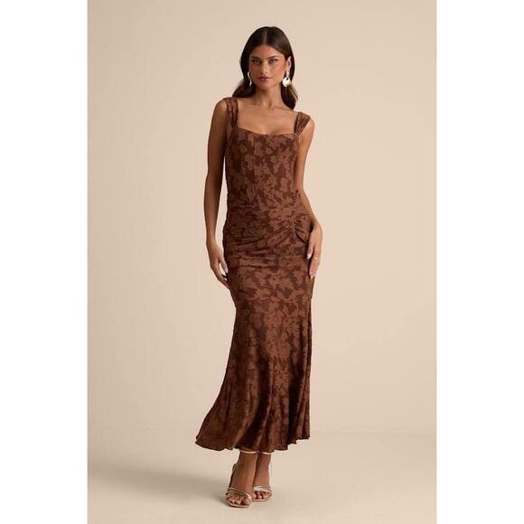 Lulus Dresses & Skirts - Lulus Celeste Brown Floral Burnout Bustier Maxi Dress - Size XL